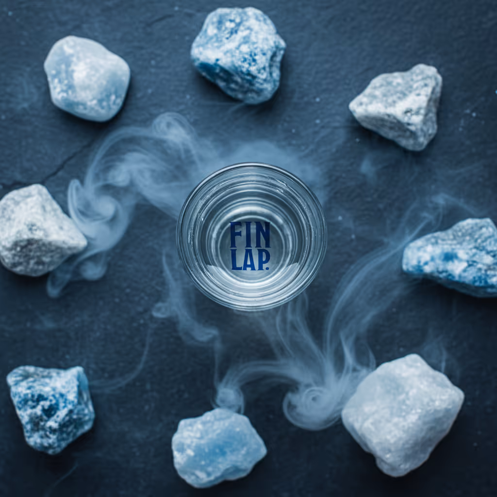 A glass of FINLAP among Arctic stones and mist.