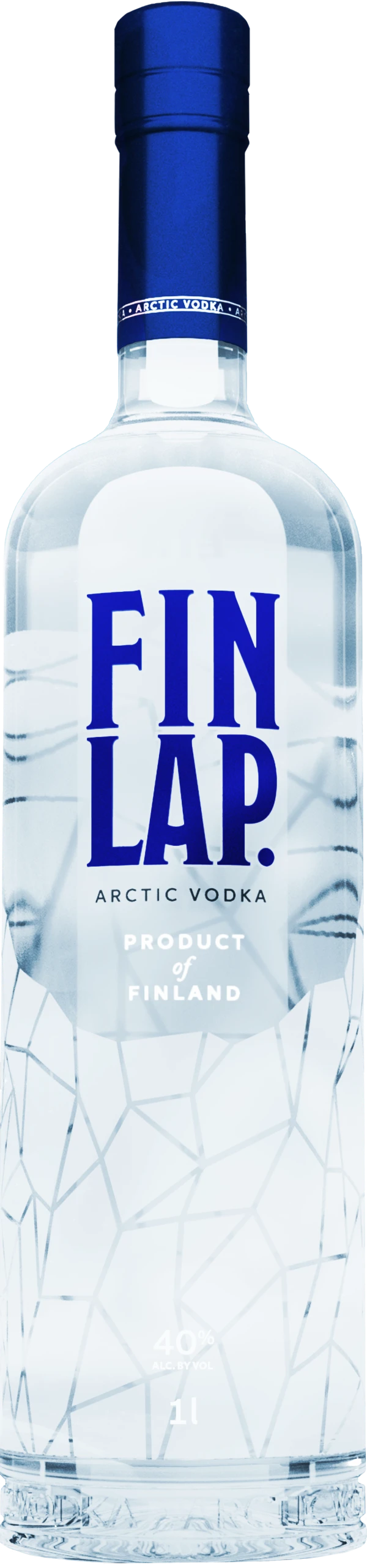 The FINLAP Arctic Vodka bottle in the Arctic snow beside a wolf under the northern lights.