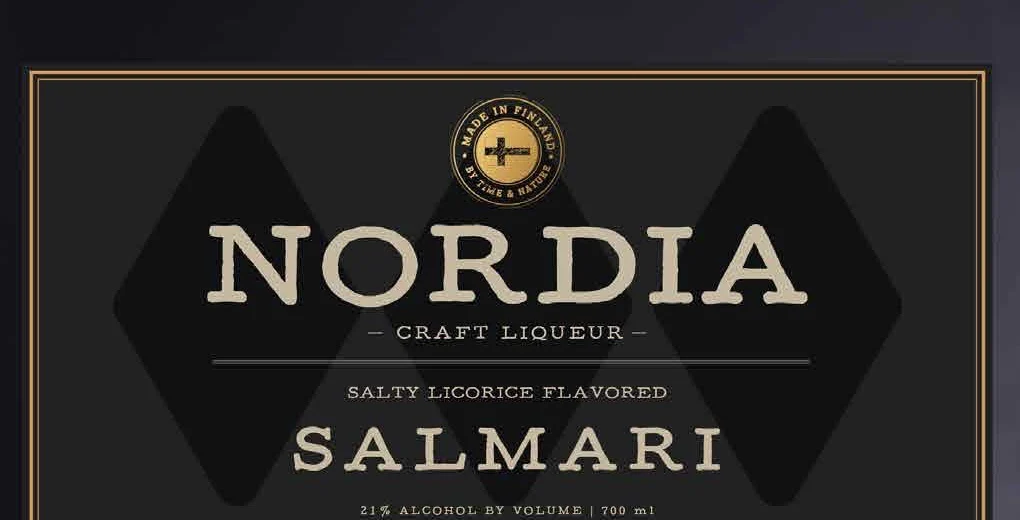 Salmari label: NORDIA Craft Liqueur, salty licorice flavored, Salmari.