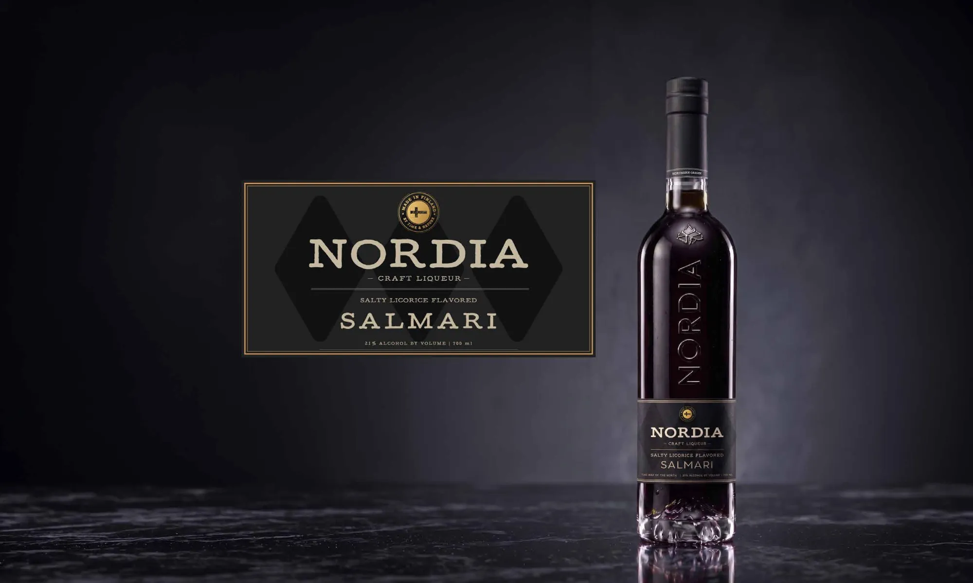NORDIA Salmari bottle and label on dark marble.