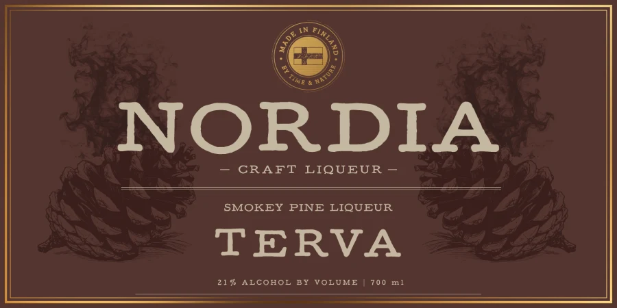 Terva label: NORDIA Craft Liqueur, smokey pine liqueur, Terva, 21% alcohol by volume, 700 ml.