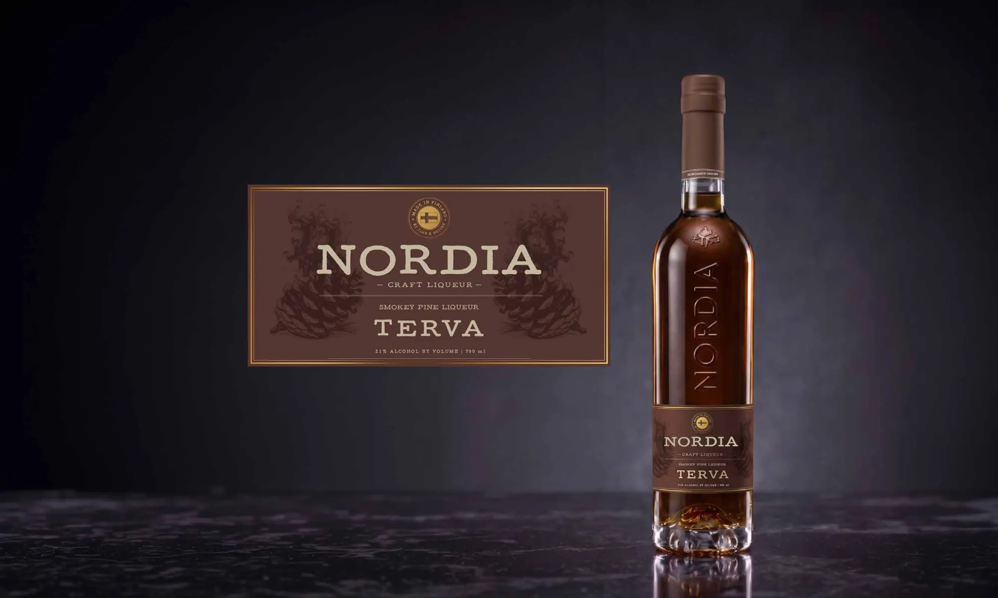 NORDIA Terva bottle and label on dark marble.