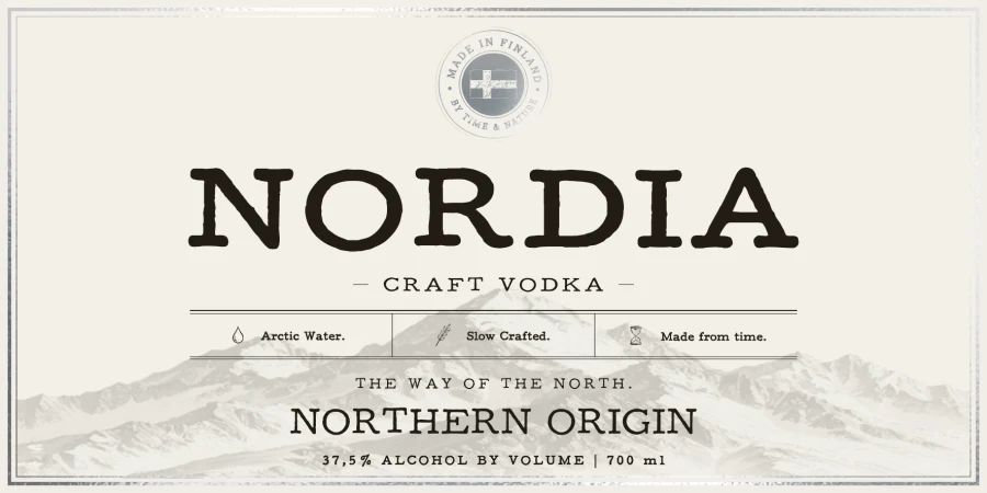 The NORDIA Craft Vodka front label: Northern Origin.