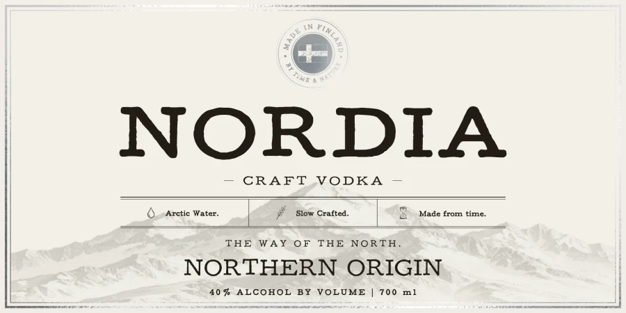 NORDIA Craft Vodka label, 40% alcohol by volume, 700 ml.